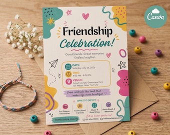 Friendship Day Celebration Invitation | Best Friends Party Invite | Editable Canva Template | Digital Download