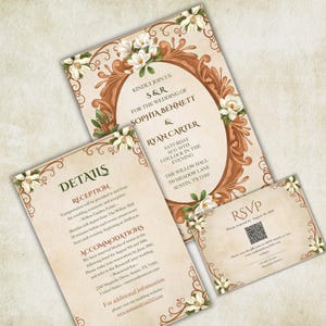 Vintage bruiloft uitnodigingsset met RSVP, magnolia bloemen uitnodigingsbundel, afdrukbare elegante bruidssuite, kaartsjabloon rustieke details