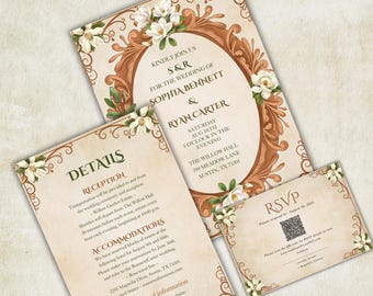 Op de afbeelding: Trouwuitnodigingsset met een vintage ontwerp, met bloemaccenten en sierlijke randen. De uitnodiging bevat details voor de bruiloft van Sophia Bennett en Ryan Carter, met RSVP-informatie en receptiedetails.