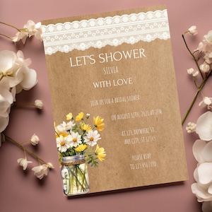 Country Bridal Shower Invitation, Lace Mason Jar Couples Bridal Shower, Rustic Bridal Shower Invitation Printable- RUSTIC CHARM