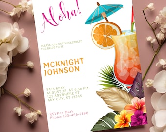 Sjabloon tropische uitnodiging vrijgezellenfeest, zomerse vrijgezellenfeest uitnodiging, Hawaiiaanse huwelijksdouche uitnodigen, uitnodiging roze hibiscus, DIY edita
