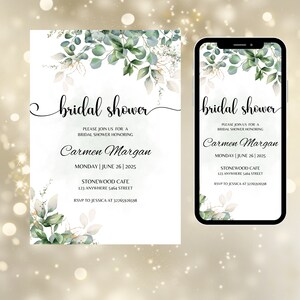 May include: A green and white floral design bridal shower invitation with a text overlay that reads "bridal shower" and includes the name "Carmen Margan", the date "Monday | June 26 | 2025", the location "Stonewood Cafe", and the address "123 Anywhere 5464 Street". The invitation also includes the text "RSVP to Jessica at 32765926598".