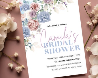 Charming Bianca Flower Bridal Shower Invite, love is in bloom Bridal Shower Template, Dusty Blue blush pink  something blue Invitation