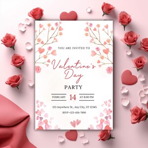 May include: A white invitation card with pink watercolor hearts and floral branches. The text reads "You are invited to Valentine's Day Party, February 14, at 8:00 PM, 123 Anywhere St., Any City, ST 12345, RSVP +123-456-7890".