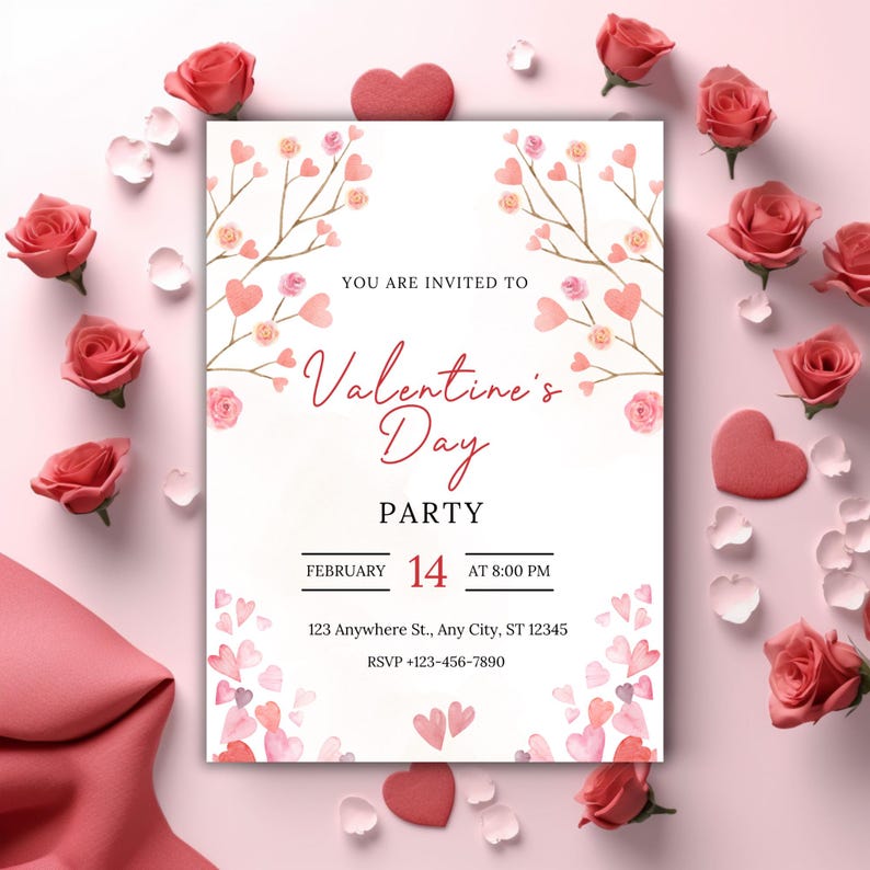 May include: A white invitation card with pink watercolor hearts and floral branches. The text reads "You are invited to Valentine's Day Party, February 14, at 8:00 PM, 123 Anywhere St., Any City, ST 12345, RSVP +123-456-7890".