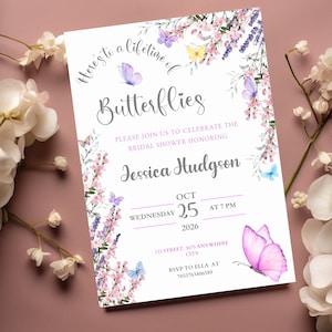 Lifetime of Butterflies Brautparty einladen bearbeitbare Wildblumen Schmetterling Vorlage Printable Gartenparty lädt Blumenparty ein