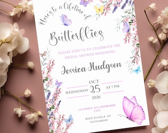 Invitación de despedida de soltera con mariposas y jardín de flores silvestres (plantilla editable)
