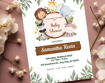 May include: A baby shower invitation with a jungle theme. The invitation features a wooden sign with the text "Samantha Kevin" and the date "Saturday, 22 March 2023". The invitation also features a variety of jungle animals, including a zebra, a giraffe, a lion, an elephant, and a hippopotamus.