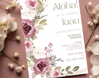 May include: A floral-themed invitation to a luau celebrating a bride-to-be. The invitation features a watercolor illustration of pink and burgundy roses with green leaves and berries. The text reads "Aloha! You are invited to a luau celebrating Bride to Be McKnight Johnson. Saturday, August 25, at 6:30 PM, 123 Anywhere St, Any City, ST 12345. RSVP to Mark at 123-456-7890."