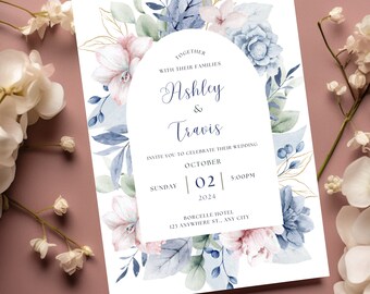 Invitación de boda azul océano polvoriento / Invitación de boda floral azul marino editable / Plantilla de boda estilo jardín bohemio / Descarga imprimible