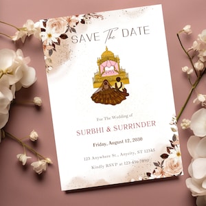 Modèle d'invitation de mariage indien, invitations Anand Karaj, invitations pendjabi, carte de mariage pendjabi, invitation sikh, réservez votre date
