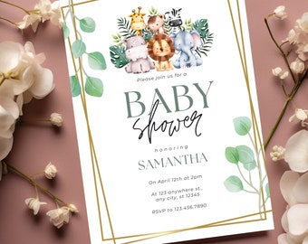 May include: A baby shower invitation with a gold frame and green leaves. The invitation features a watercolor illustration of a group of jungle animals, including a giraffe, zebra, lion, elephant, and hippopotamus. The text on the invitation reads "Please join us for a Baby Shower honoring Samantha. On April 12th at 2pm. At 123 anywhere st., any city, st 12345. RSVP to 123.456.7890."