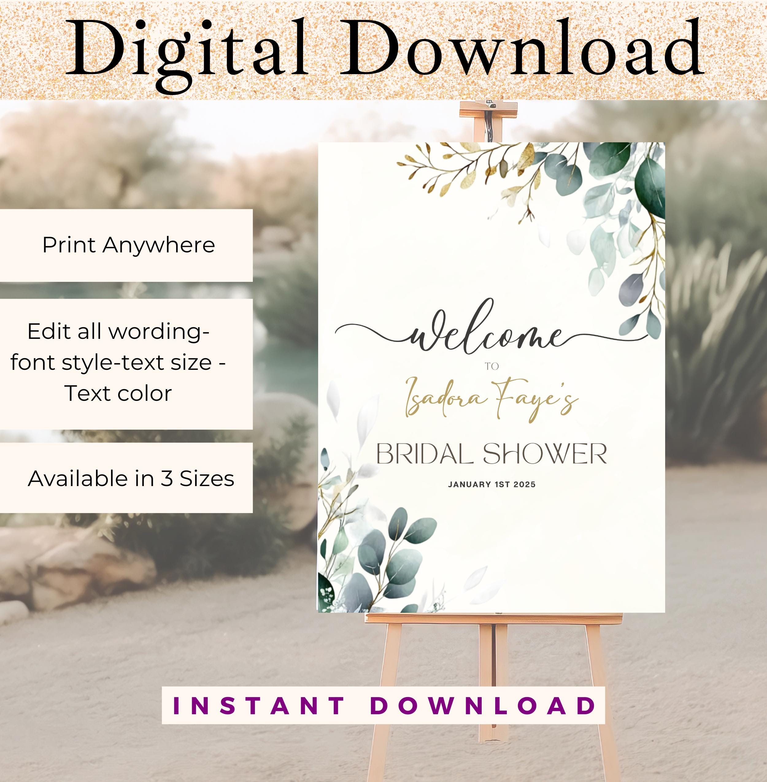 Editable Eucalyptus Bridal Shower Welcome Sign, Floral Garden Brunch ...