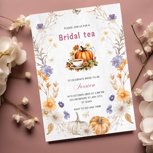 Bridal Tea Party Invitation, time for tea with bride to be invitation, Fall Bridal Shower, Pumpkin Tea Party, orange boho floral Invitation