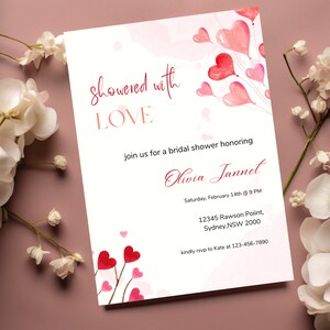 Valentine&#39;s Bridal Shower Invitation, Editable Love Is In The Air  Bridal Party Invite, Modern Bridal Shower Party Invite, Pink & Red Hearts