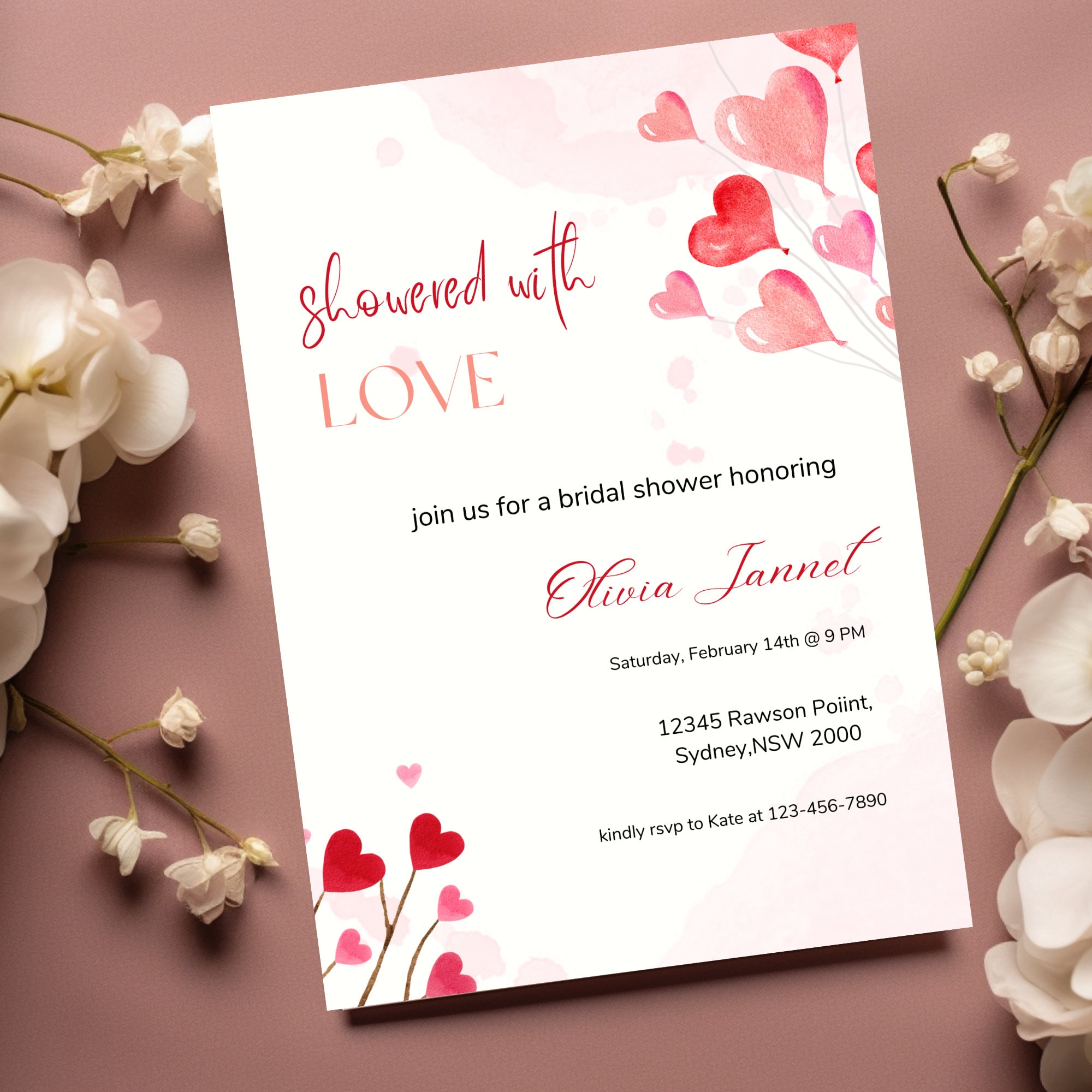 Invitación de despedida de soltera de San Valentín, invitación de fiesta  nupcial de amor editable está en el aire, invitación de fiesta de despedida  de soltera moderna, corazones rosados y rojos -, image size:2000x2000