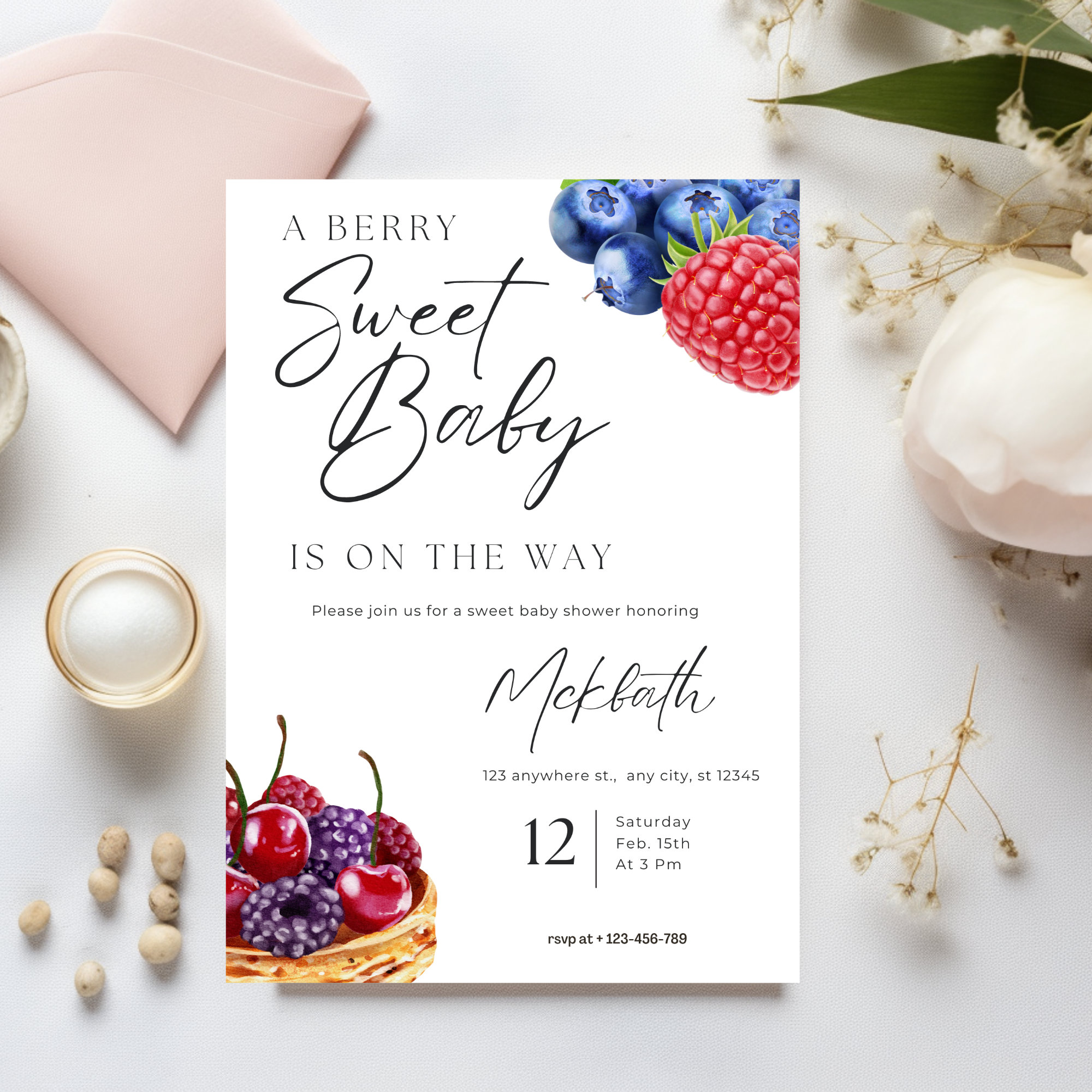 Editable berry sweet baby shower invitation blush berry sweet invite