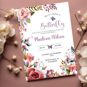 Lifetime of Butterflies Brautparty einladen bearbeitbare Wildblumen Schmetterling Vorlage Printable Gartenparty lädt Blumenparty ein