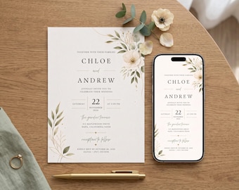 Minimalist Botanical Wedding Invitation Template | Editable Canva Invite | Printable 5x7 & Mobile 1080x1920