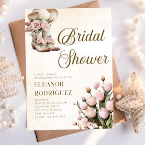 Boho Country Western Bridal Shower Invitation, Cowgirl Boots Bridal Shower Invite, rustic western country cowgirl invite, floral boots invit