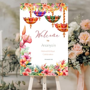 Plantilla de letrero de bienvenida de mehndi, decoración floral blanca editable para bodas, póster para eventos nupciales indios, letrero haldi, decoración haldi sangeet, decoración mehndi