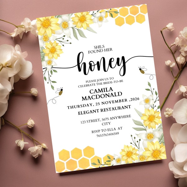 Bee Bridal Shower Invitation, Honey Bee Invitation, Editable Sunflower She Found Her Honey Rustic Bridal Wedding Shower Invitation