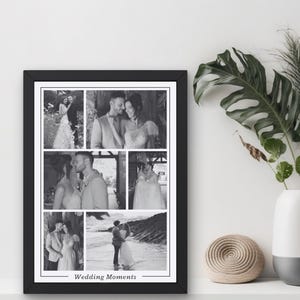 Könnte beinhalten: Eine Schwarzweiß-Fotocollage eines Brautpaares. Die Collage ist in sechs Quadrate unterteilt, die jeweils einen anderen Moment vom Hochzeitstag zeigen. Der Text "Wedding Moments" ist unter der Collage gedruckt.