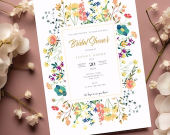 wild flower bridal shower invitation, Spring bridal shower invitation, Boho Floral Invitation, Colorful  summer watercolor flowers invite