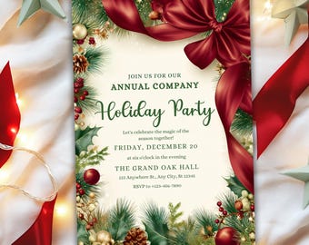 May include: Holiday party invitation with a cream background, adorned with a large red bow and ribbon, green pine branches, red berries, and gold ornaments. The text reads "Join us for our Annual Company Holiday Party."