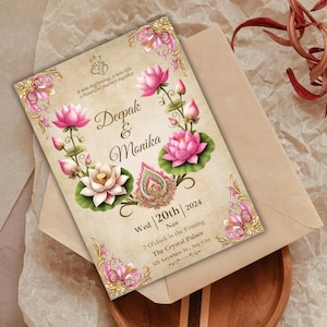 Convite para chá de panela com flor de lótus, convite para chá de panela com flor de lótus rosa tailandesa, convite para chá de panela tropical, convite para casamento indiano