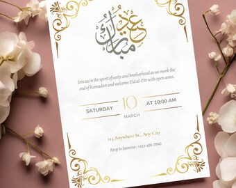 Könnte beinhalten: Goldene und weiße Einladungskarte mit verziertem goldenen Rand und arabischer Kalligraphie. Der Text lautet "Schließen Sie sich uns im Geiste der Einheit und Brüderlichkeit an, während wir das Ende des Ramadan feiern und Eid al-Fitr mit offenen Armen begrüßen. Samstag, 10. März, um 10:00 Uhr. 123 Anywhere St., Any City. Rsvp an Jasmine: +123-456-7890"