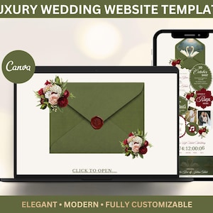 May include: A digital wedding website template displayed on a laptop and smartphone screen. The design features an olive green envelope with a red wax seal, floral accents, and the text CLICK TO OPEN. The mobile view shows swan graphics, event details, and photos.