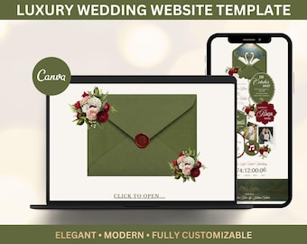 Olive Green Burgundy Wedding Website Template | Editable Canva RSVP Invitation | Digital Save the Date Download