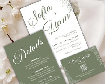 Sage Green Wedding Invitation Set: Minimalist Botanical Canva Template (Digital Download