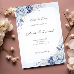 Dusty Blue OCEAN Wedding Invitation, Editable Navy Wedding invite Template,  Floral Boho Wedding Invite, Elegant Garden Printable Download