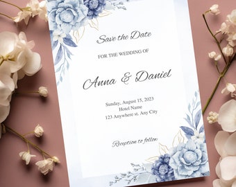Dusty Blue OCEAN Wedding Invitation, Editable Navy Wedding invite Template,  Floral Boho Wedding Invite, Elegant Garden Printable Download