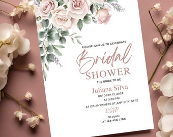 Plantilla de invitación para despedida de soltera en rosa ruborizado, invitación editable con flores silvestres, invitación minimalista rosa para despedida de soltera de 5 x 7 pulgadas