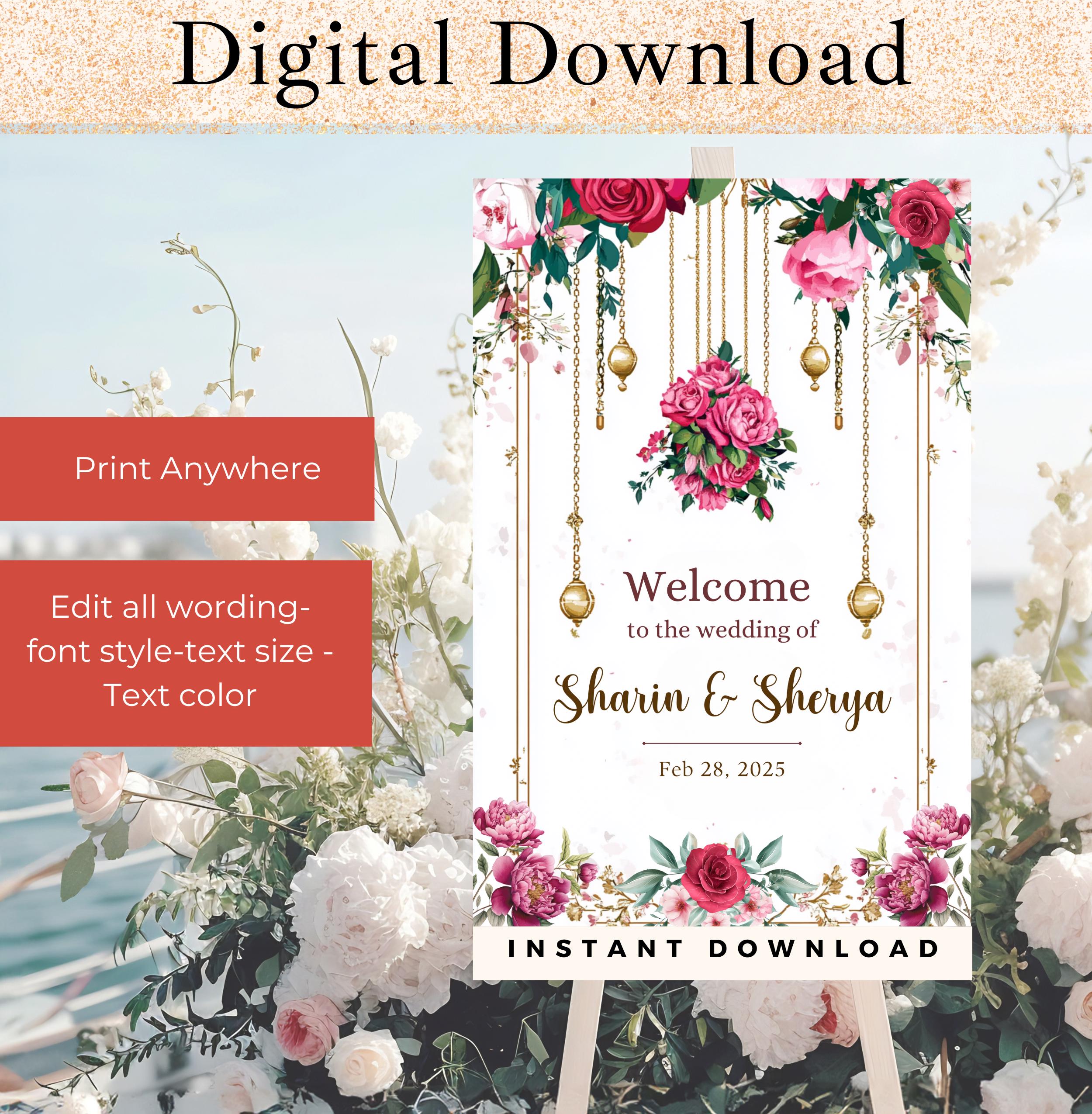 Indian Wedding Welcome Sign Template, Indian Wedding Decor, Pink Floral ...