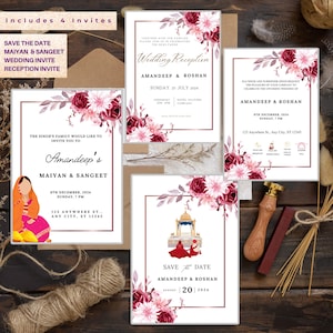 Pacote de convite de casamento indiano, convite Sikh Anand Karaj, cartão de convite de casamento Punjabi, salve a data, convite Haldi Maiyan Sangeet