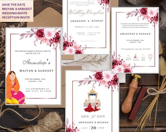 May include: Four wedding invitation cards with floral designs. The cards feature the names "Amandeep & Roshan" and the dates of the wedding events. The cards are decorated with pink and red flowers and leaves.