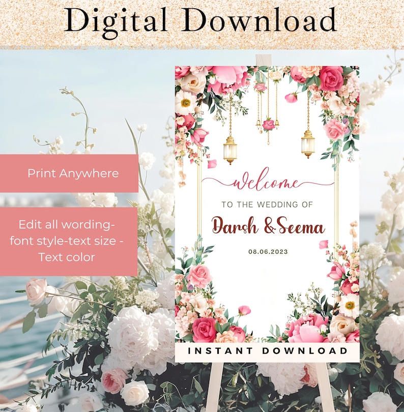 Indian Wedding Welcome Sign Template, Indian Wedding Decor, Pink Floral ...