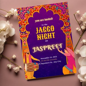 Jaggo Nights Indiase bruiloft uitnodiging sjabloon, Punjabi uitnodigingen, Punjabi trouwkaart, sikh uitnodigen Save the Date, Sangeet Haldi Dholki