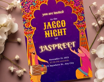 Jaggo Nights Indian Wedding Invitation Template, Punjabi invitations, Punjabi Wedding card, Sikh invite Save the Date, Sangeet Haldi Dholki