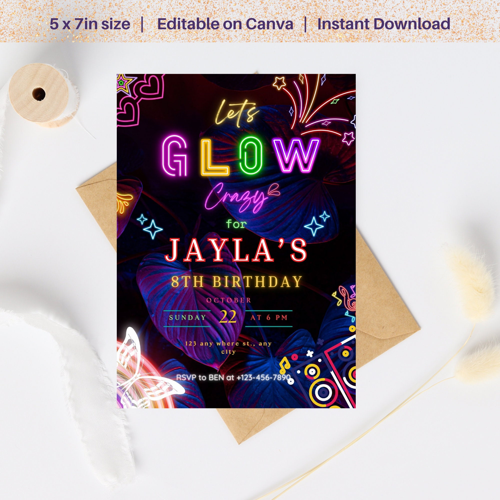 Glow Party Birthday Invitation – Editable Template (Corjl Design)