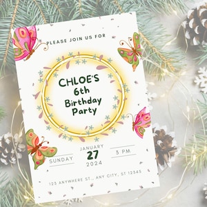 Editable Pink Butterfly Birthday Invite, Girl birthday Invitation, Garden Party first Birthday, Butterfly Kisses, Butterfly party Invitation
