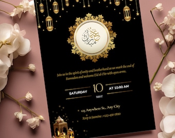 May include: A black and gold Eid al-Fitr invitation with a decorative border and hanging lanterns. The invitation includes the date, time, and location of the event. RSVP to Jasmine: +123-456-7890.
