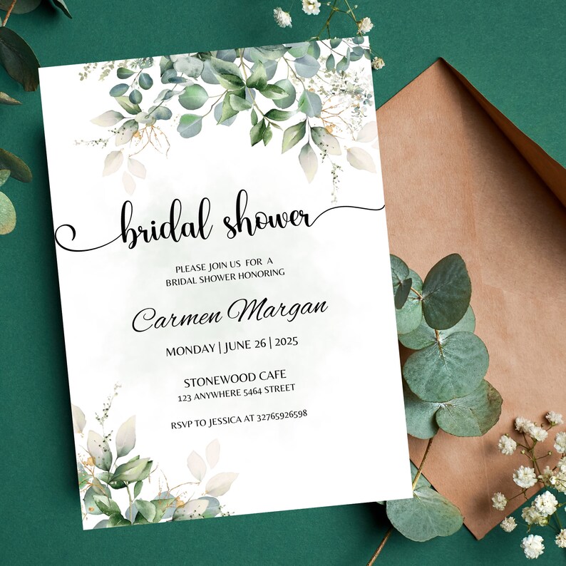 May include: A white bridal shower invitation with a watercolor design of green leaves and gold accents. The text reads "bridal shower" in a cursive font, followed by "Please join us for a bridal shower honoring Carmen Margan" and the date, time, and location of the event. RSVP information is included at the bottom.