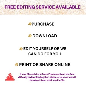 Może przedstawiać: Grafika w kolorze fioletowym i białym z tekstem "FREE EDITING SERVICE AVAILABLE" u g&oacute;ry. Pod tekstem znajdują się cztery kroki: "PURCHASE", "DOWNLOAD", "EDIT YOURSELF OR WE CAN DO FOR YOU" i "PRINT OR SHARE ONLINE".  Ikona ostrzegawcza z wykrzyknikiem na dole z tekstem: "Jeśli Tw&oacute;j plik zawiera element Canva Pro i masz problemy z pobraniem, daj nam znać, pobierzemy go i wyślemy Ci go pocztą elektroniczną."