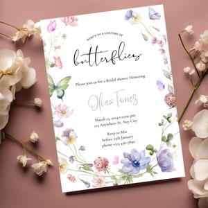 Lifetime of Butterflies Brautparty einladen bearbeitbare Wildblumen Schmetterling Vorlage Printable Gartenparty lädt Blumenparty ein