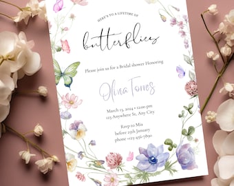 La vida de las mariposas invita a la despedida de soltera Plantilla editable de mariposas de flores silvestres Invitaciones para fiestas en el jardín imprimibles Invitación a la fiesta floral